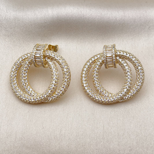 Oro Laminado Stud Earring, Gold Filled Style Baguette Design, with White Cubic Zirconia and White Micro Pave, Polished, Golden Finish