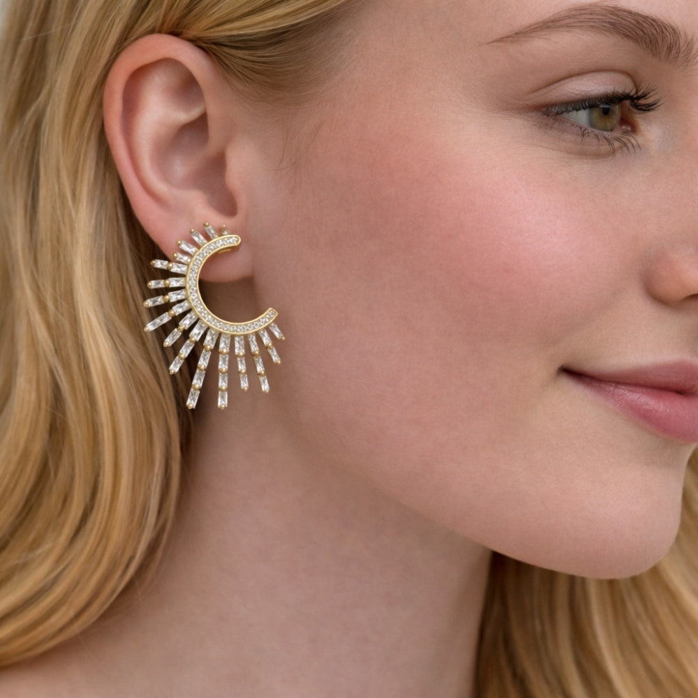 Oro Laminado Stud Earring, Gold Filled Style Baguette Design, with White Cubic Zirconia and White Micro Pave, Polished, Golden Finish