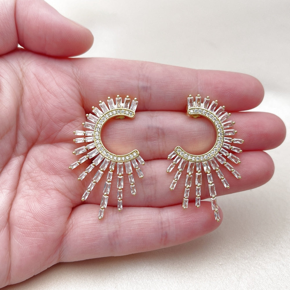 Oro Laminado Stud Earring, Gold Filled Style Baguette Design, with White Cubic Zirconia and White Micro Pave, Polished, Golden Finish