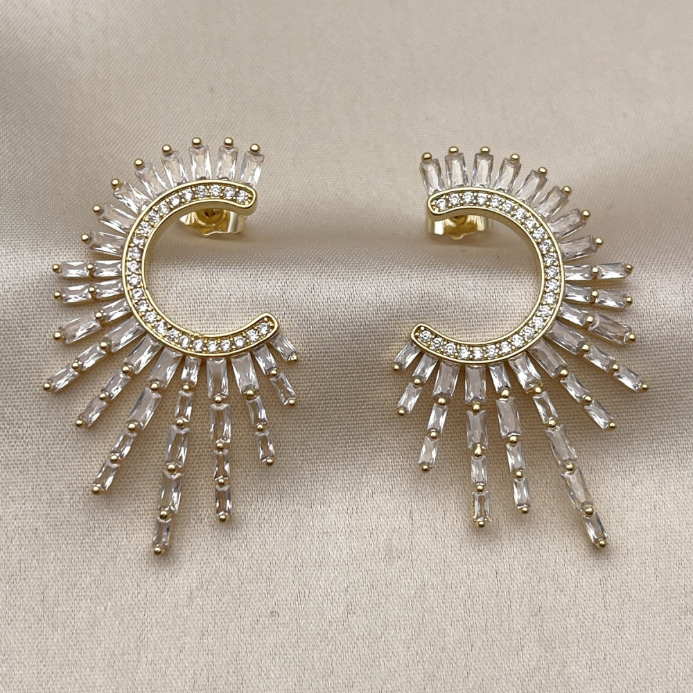 Oro Laminado Stud Earring, Gold Filled Style Baguette Design, with White Cubic Zirconia and White Micro Pave, Polished, Golden Finish