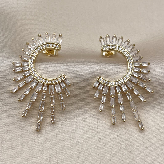 Oro Laminado Stud Earring, Gold Filled Style Baguette Design, with White Cubic Zirconia and White Micro Pave, Polished, Golden Finish