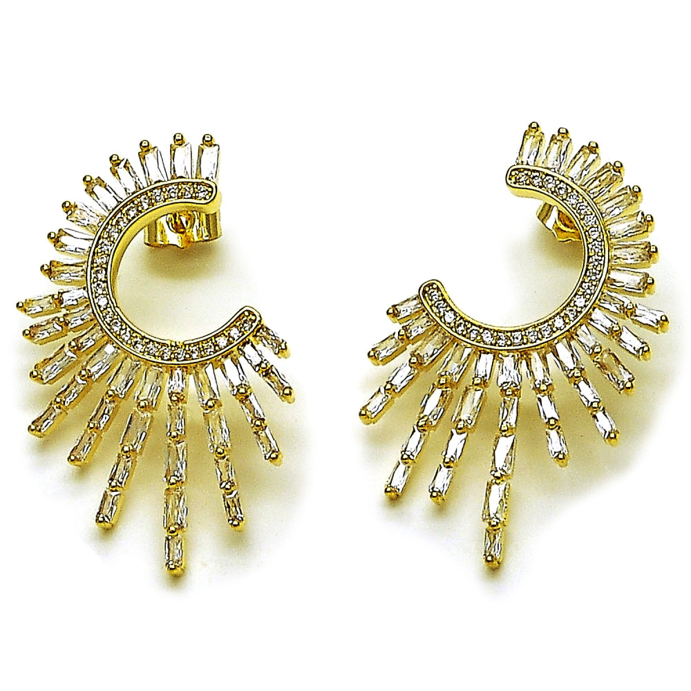 Oro Laminado Stud Earring, Gold Filled Style Baguette Design, with White Cubic Zirconia and White Micro Pave, Polished, Golden Finish