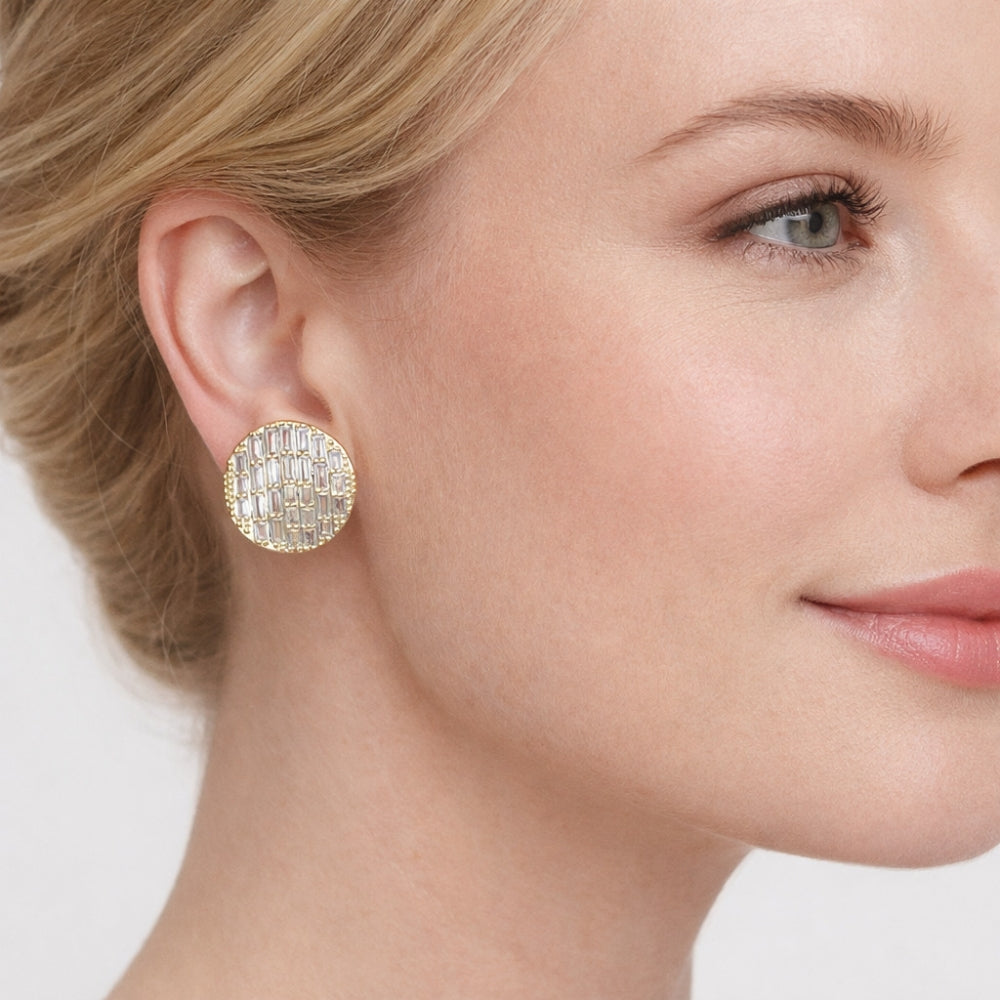 Oro Laminado Stud Earring, Gold Filled Style Baguette Design, with White Cubic Zirconia, Polished, Golden Finish