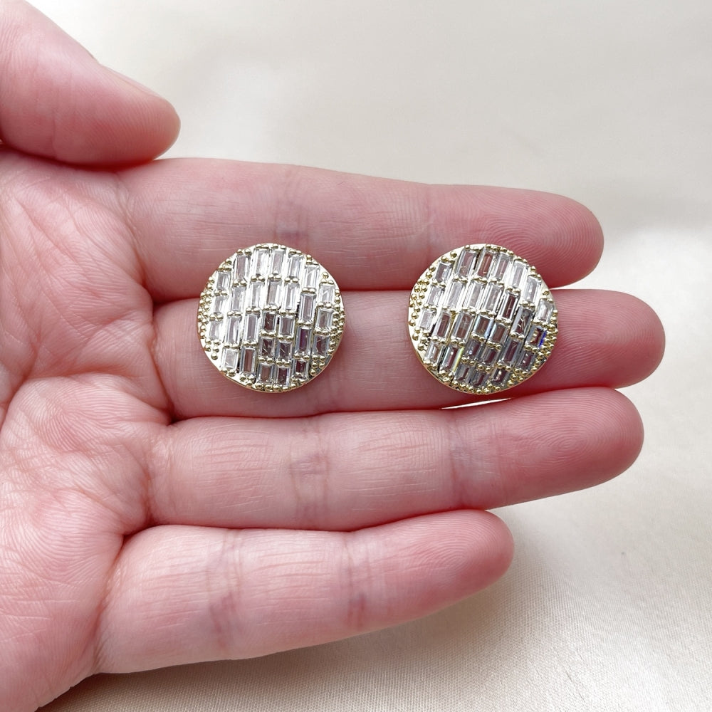 Oro Laminado Stud Earring, Gold Filled Style Baguette Design, with White Cubic Zirconia, Polished, Golden Finish