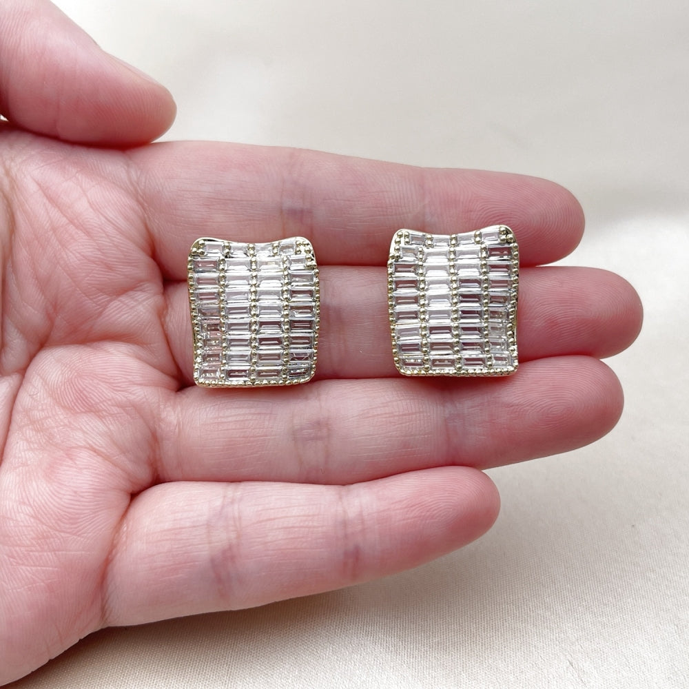 Oro Laminado Stud Earring, Gold Filled Style Baguette Design, with White Cubic Zirconia, Polished, Golden Finish