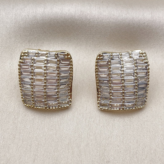 Oro Laminado Stud Earring, Gold Filled Style Baguette Design, with White Cubic Zirconia, Polished, Golden Finish