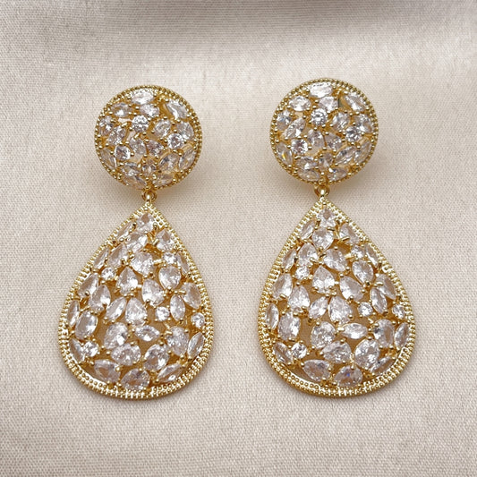Oro Laminado Long Earring, Gold Filled Style Teardrop Design, with White Cubic Zirconia, Polished, Golden Finish