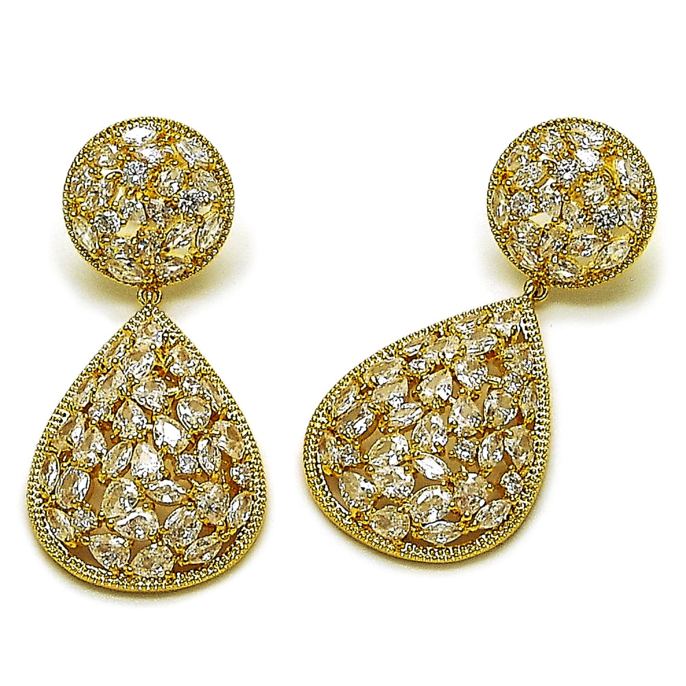 Oro Laminado Long Earring, Gold Filled Style Teardrop Design, with White Cubic Zirconia, Polished, Golden Finish