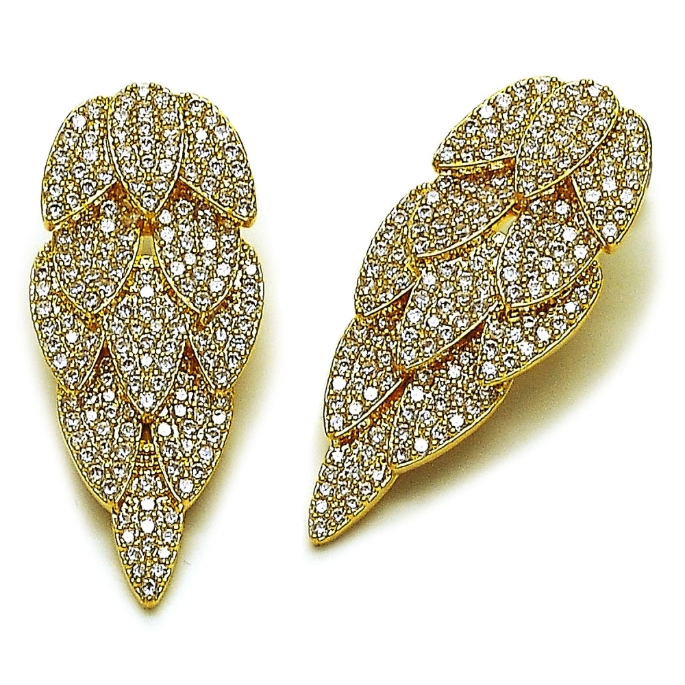 Oro Laminado Chandelier Earring, Gold Filled Style Leaf Design, with White Cubic Zirconia, Polished, Golden Finish