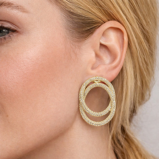 Oro Laminado Stud Earring, Gold Filled Style with White Cubic Zirconia, Polished, Golden Finish