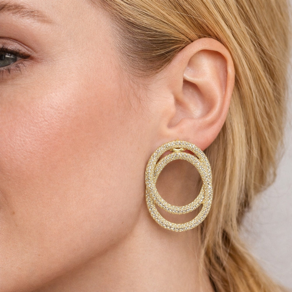 Oro Laminado Stud Earring, Gold Filled Style with White Cubic Zirconia, Polished, Golden Finish