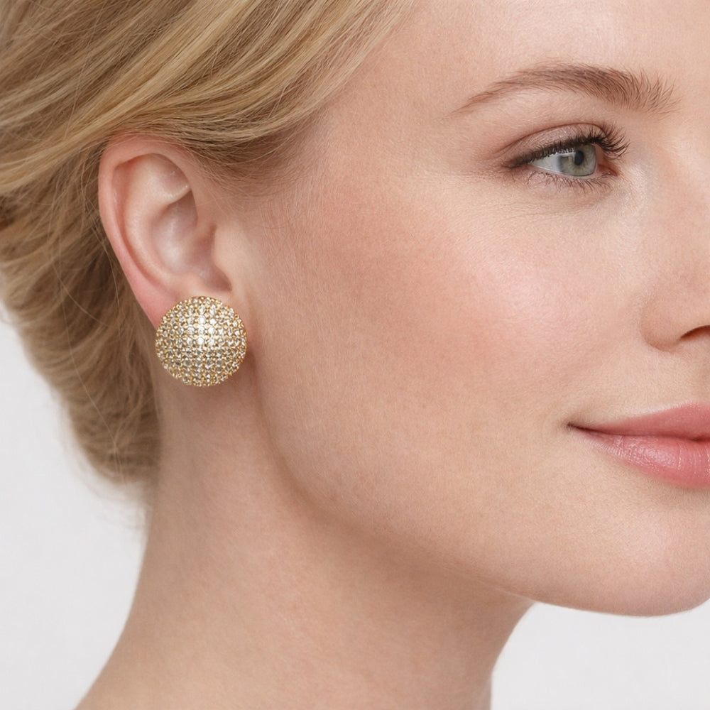 Oro Laminado Stud Earring, Gold Filled Style Ball Design, with White Cubic Zirconia, Polished, Golden Finish