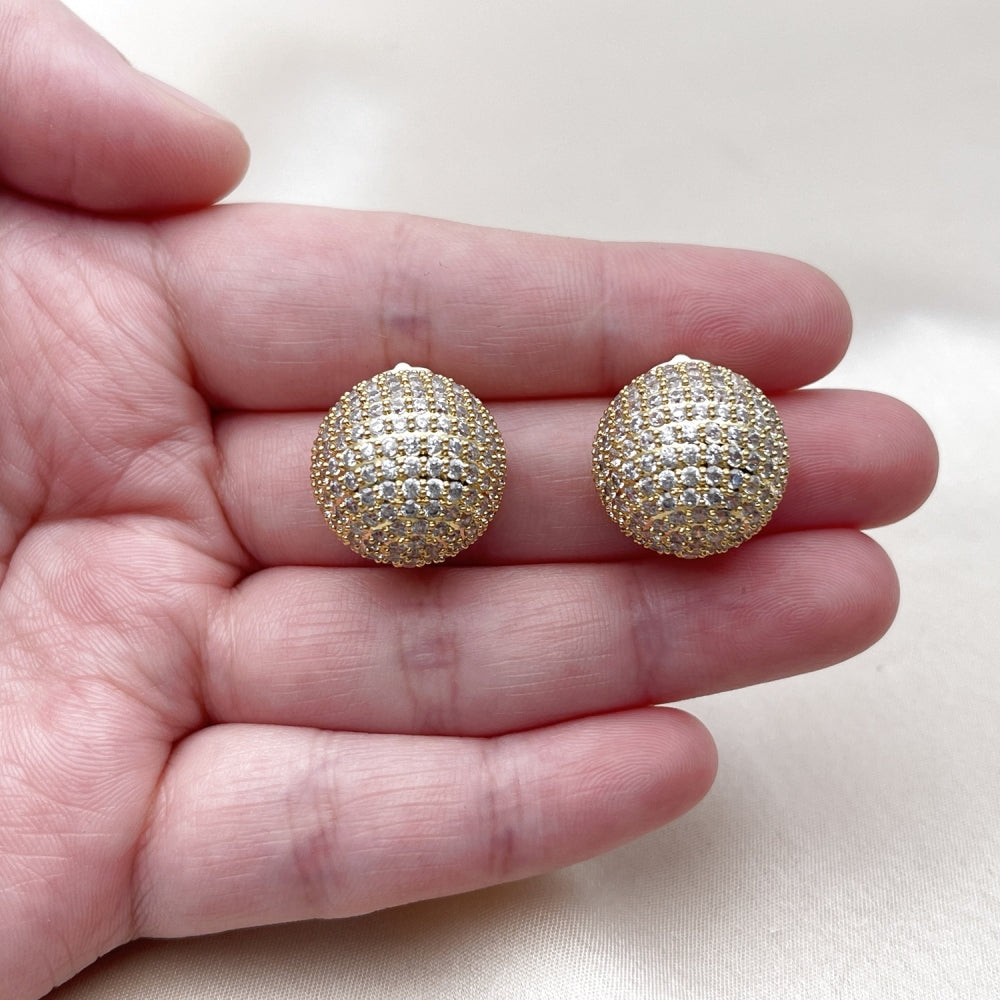 Oro Laminado Stud Earring, Gold Filled Style Ball Design, with White Cubic Zirconia, Polished, Golden Finish