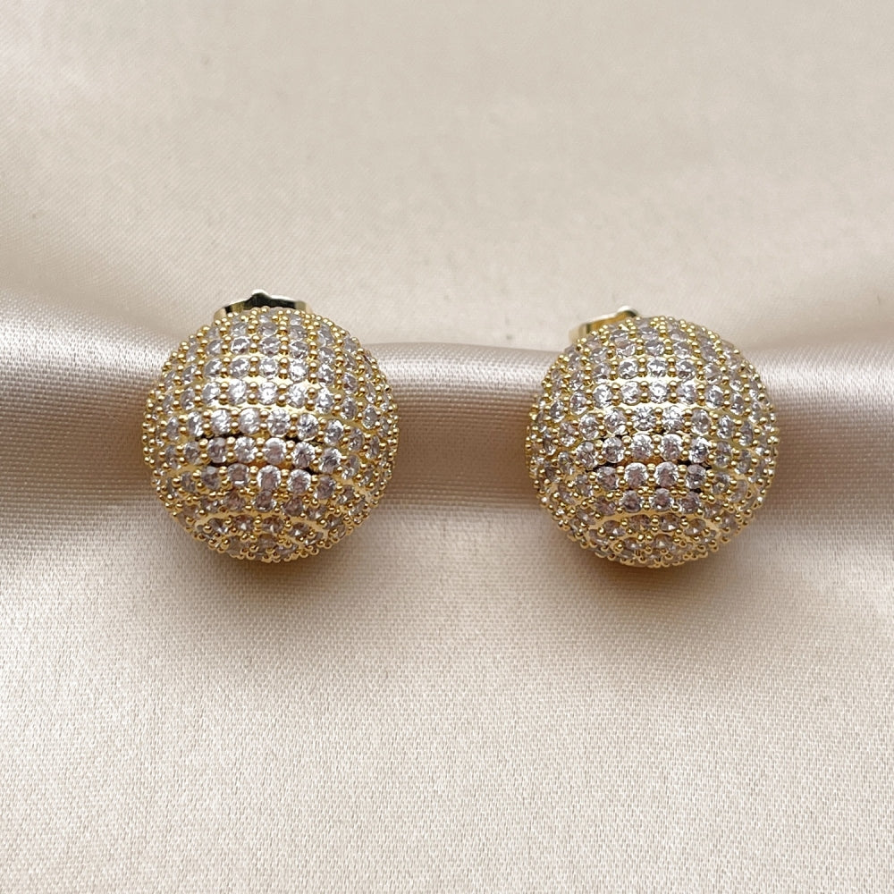 Oro Laminado Stud Earring, Gold Filled Style Ball Design, with White Cubic Zirconia, Polished, Golden Finish