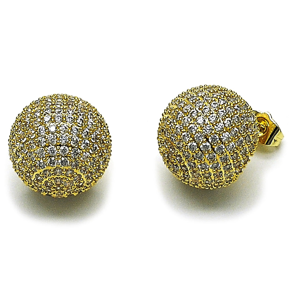 Oro Laminado Stud Earring, Gold Filled Style Ball Design, with White Cubic Zirconia, Polished, Golden Finish