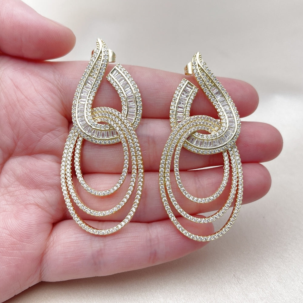 Oro Laminado Long Earring, Gold Filled Style Baguette Design, with White Cubic Zirconia, Polished, Golden Finish