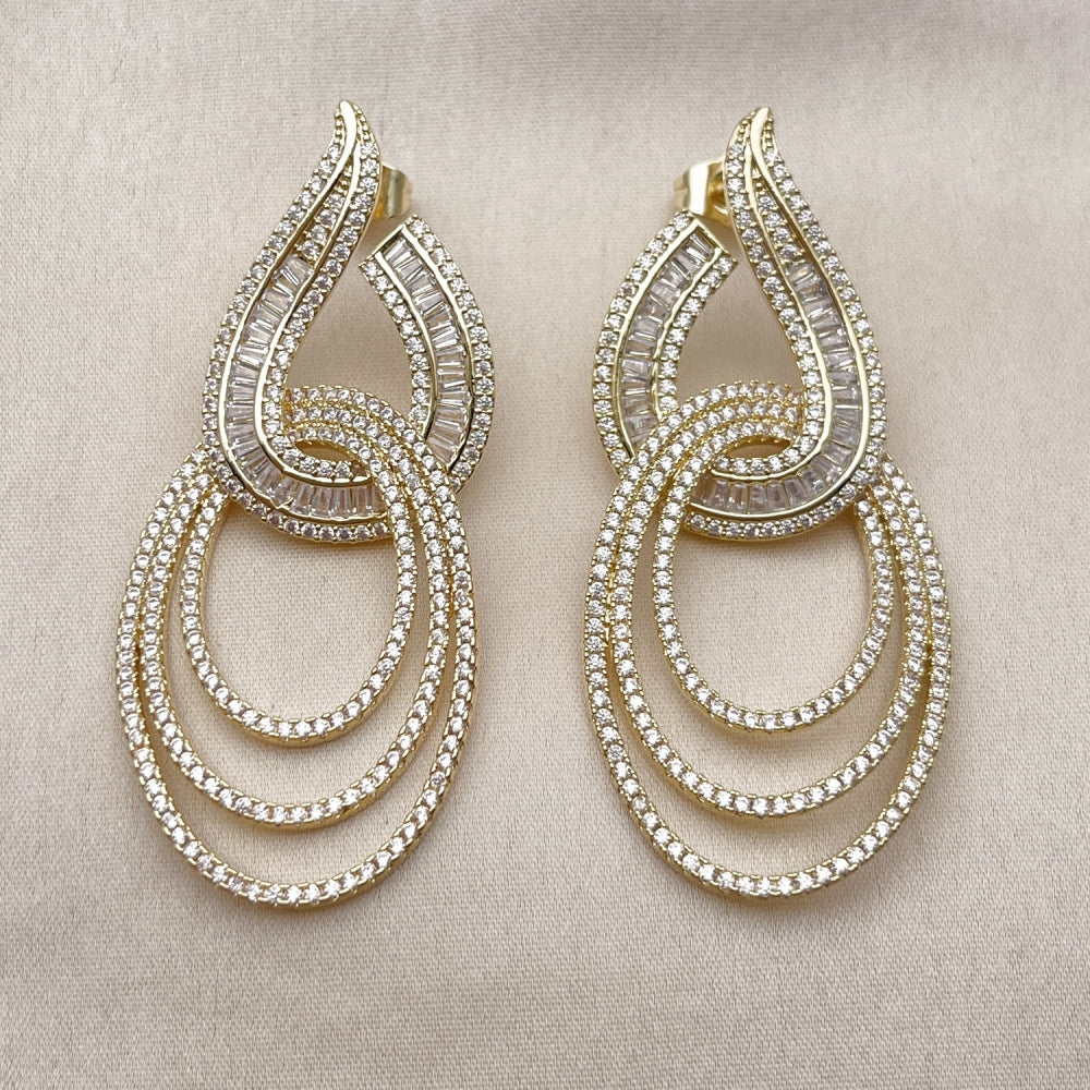 Oro Laminado Long Earring, Gold Filled Style Baguette Design, with White Cubic Zirconia, Polished, Golden Finish