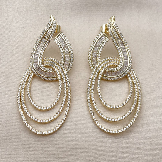Oro Laminado Long Earring, Gold Filled Style Baguette Design, with White Cubic Zirconia, Polished, Golden Finish