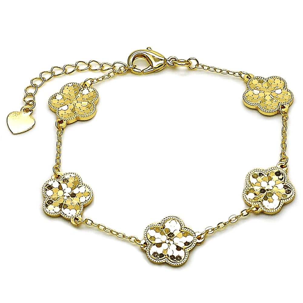 Oro Laminado Fancy Bracelet, Gold Filled Style Flower and Rolo Design, Diamond Cutting Finish, Golden Finish