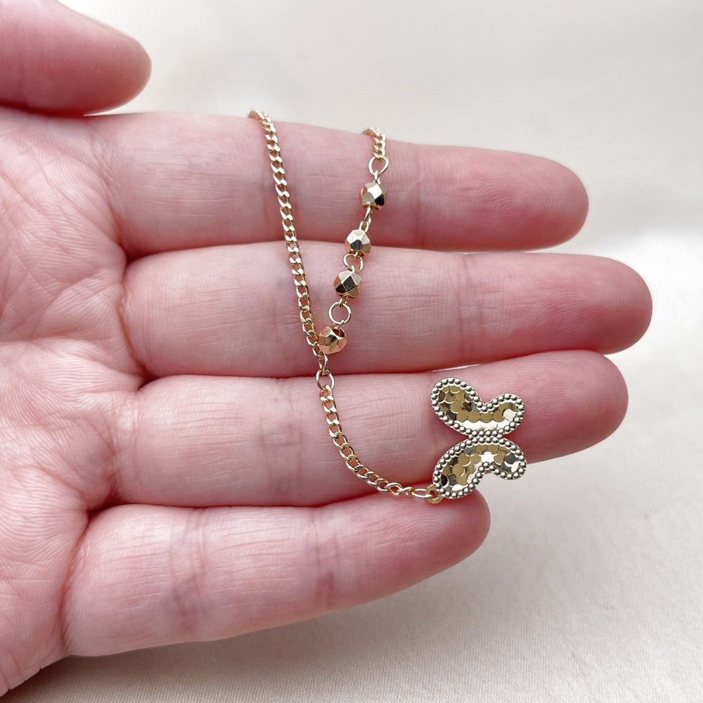Oro Laminado Fancy Necklace, Gold Filled Style Butterfly and Miami Cuban Design, Diamond Cutting Finish, Golden Finish