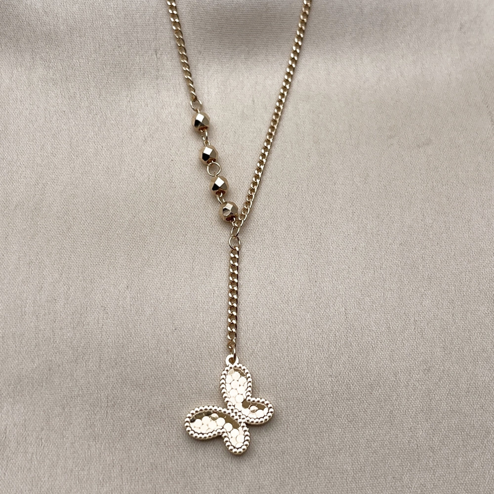 Oro Laminado Fancy Necklace, Gold Filled Style Butterfly and Miami Cuban Design, Diamond Cutting Finish, Golden Finish