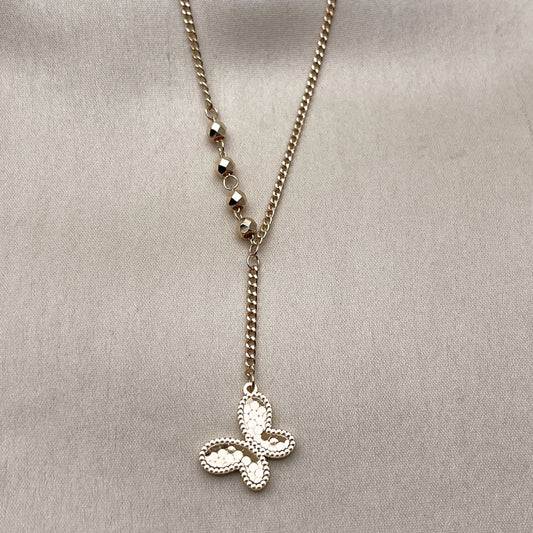 Oro Laminado Fancy Necklace, Gold Filled Style Butterfly and Miami Cuban Design, Diamond Cutting Finish, Golden Finish