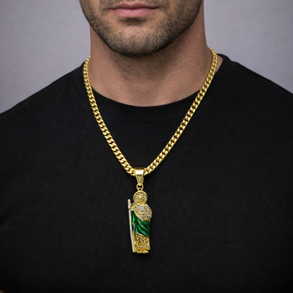 Oro Laminado Religious Pendant, Gold Filled Style San Judas Design, with White Cubic Zirconia, Polished, Tricolor