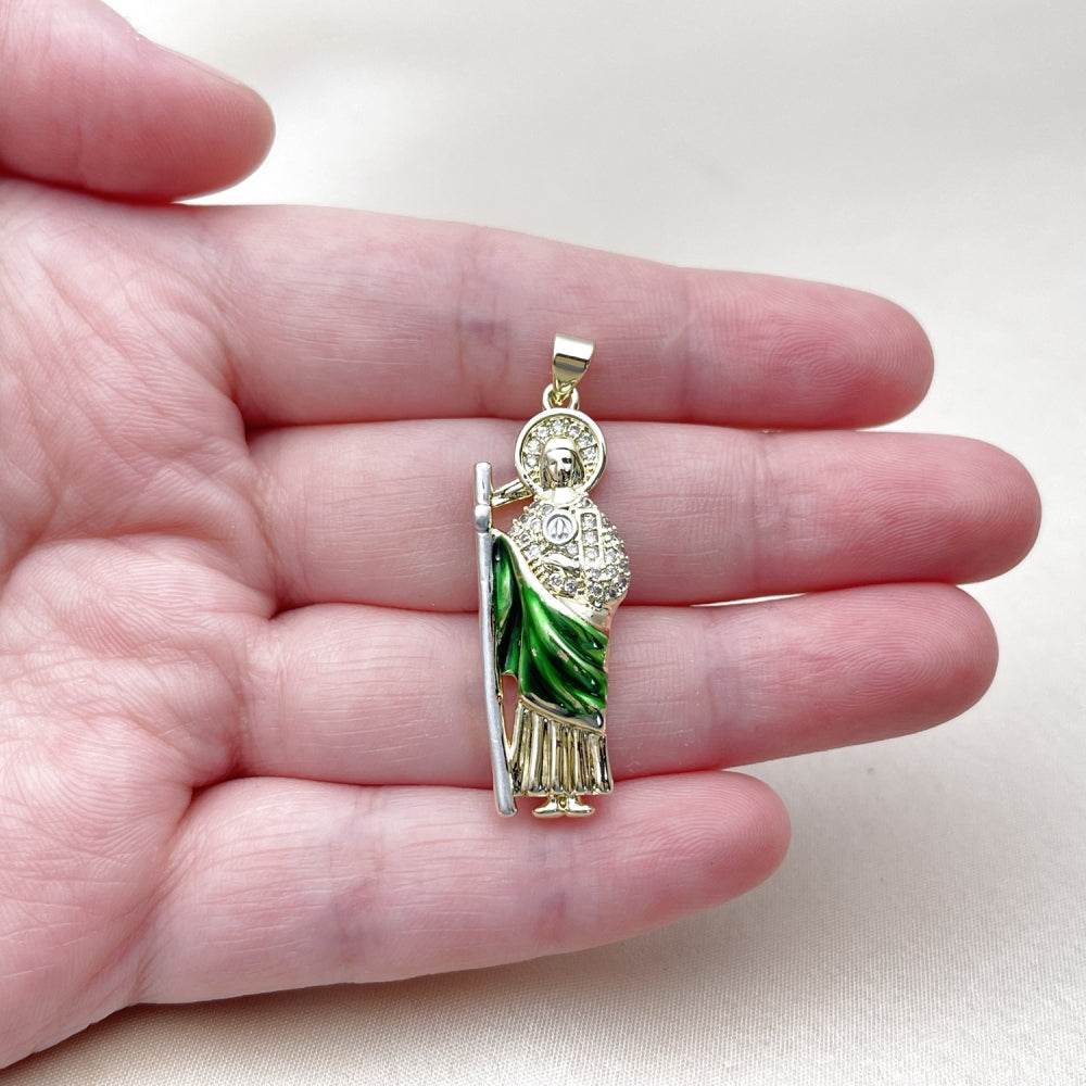 Oro Laminado Religious Pendant, Gold Filled Style San Judas Design, with White Cubic Zirconia, Polished, Tricolor