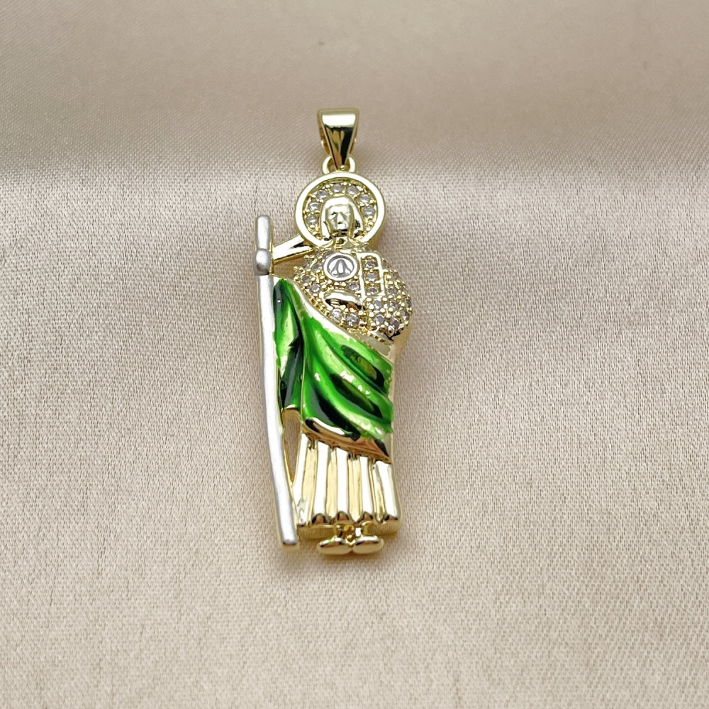 Oro Laminado Religious Pendant, Gold Filled Style San Judas Design, with White Cubic Zirconia, Polished, Tricolor