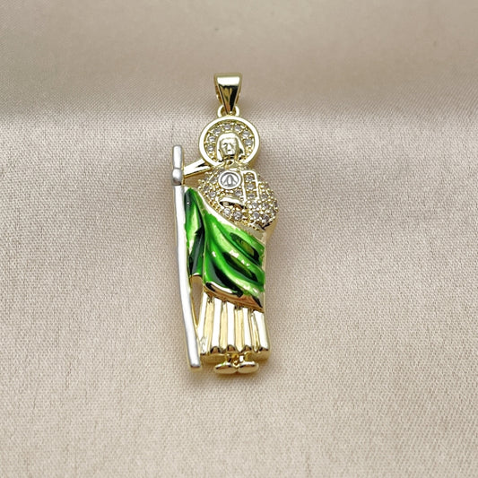 Oro Laminado Religious Pendant, Gold Filled Style San Judas Design, with White Cubic Zirconia, Polished, Tricolor
