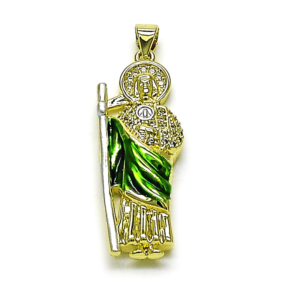 Oro Laminado Religious Pendant, Gold Filled Style San Judas Design, with White Cubic Zirconia, Polished, Tricolor