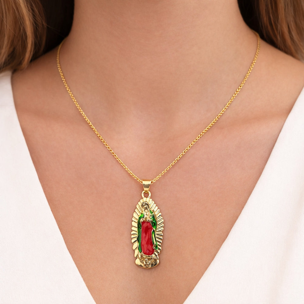 Oro Laminado Religious Pendant, Gold Filled Style Guadalupe Design, Polished, Tricolor
