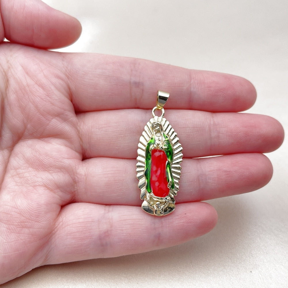Oro Laminado Religious Pendant, Gold Filled Style Guadalupe Design, Polished, Tricolor