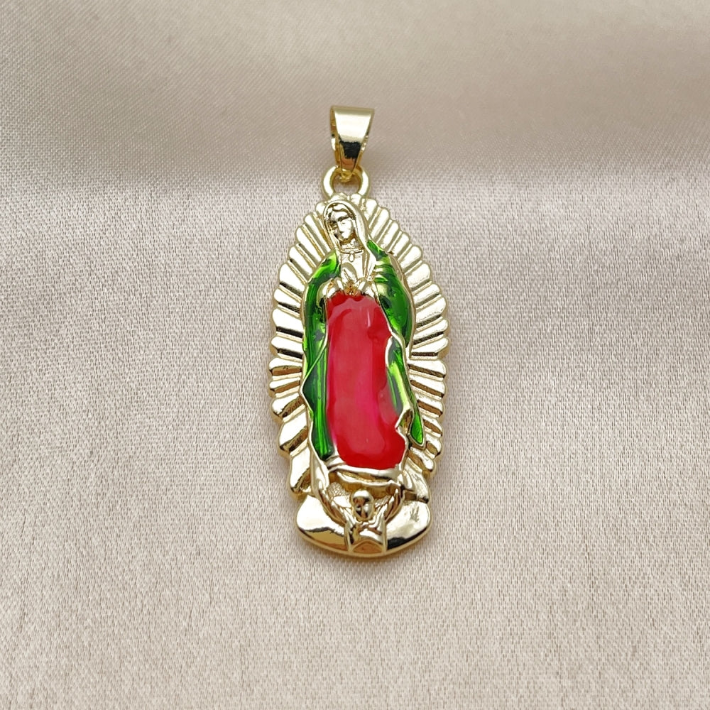 Oro Laminado Religious Pendant, Gold Filled Style Guadalupe Design, Polished, Tricolor
