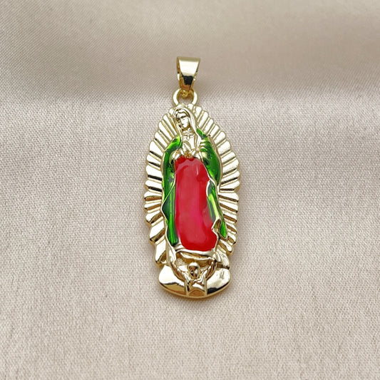 Oro Laminado Religious Pendant, Gold Filled Style Guadalupe Design, Polished, Tricolor