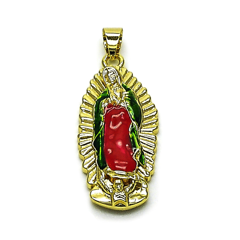 Oro Laminado Religious Pendant, Gold Filled Style Guadalupe Design, Polished, Tricolor
