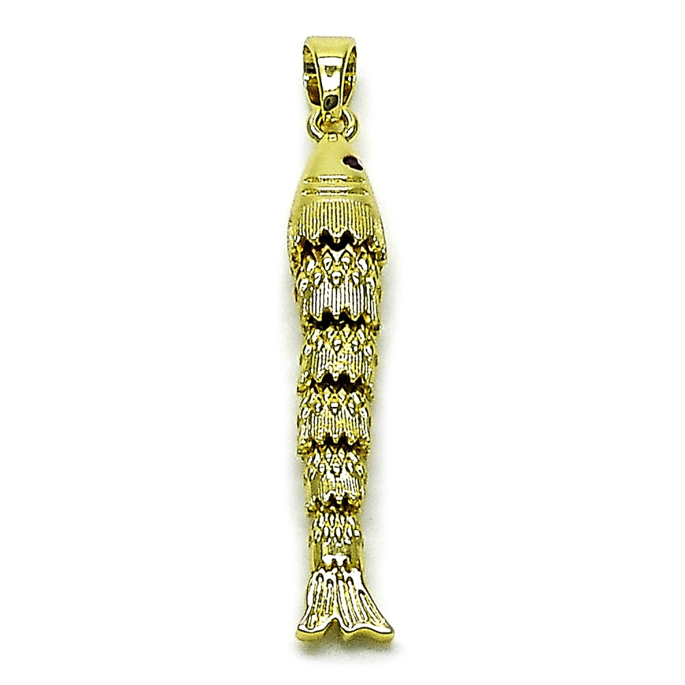 Oro Laminado Fancy Pendant, Gold Filled Style Fish Design, with Ruby Cubic Zirconia, Polished, Golden Finish