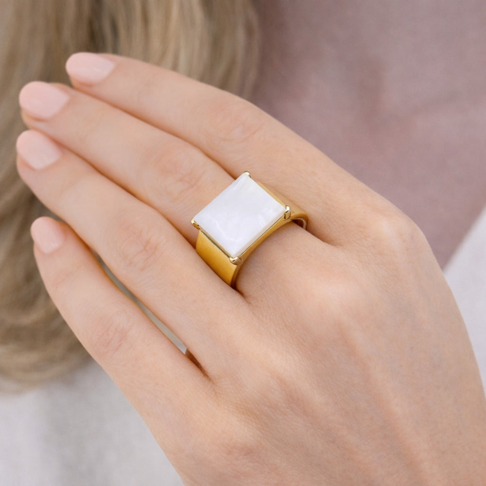 Oro Laminado Multi Stone Ring, Gold Filled Style with Ivory Mother of Pearl, Polished, Golden Finish