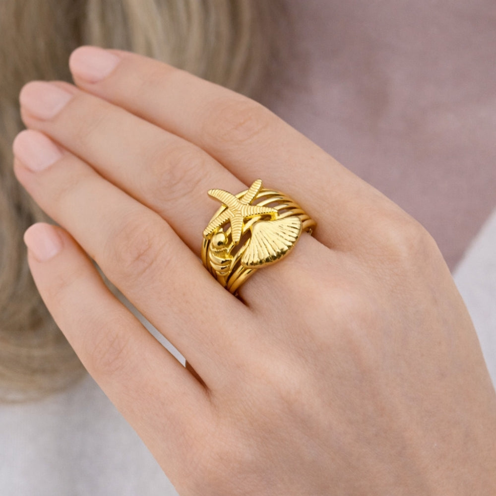 Oro Laminado Elegant Ring, Gold Filled Style Star and Shell Design, Polished, Golden Finish