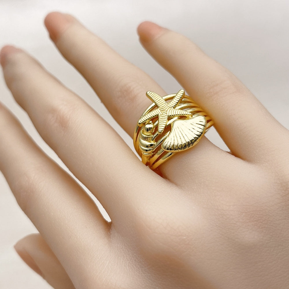 Oro Laminado Elegant Ring, Gold Filled Style Star and Shell Design, Polished, Golden Finish