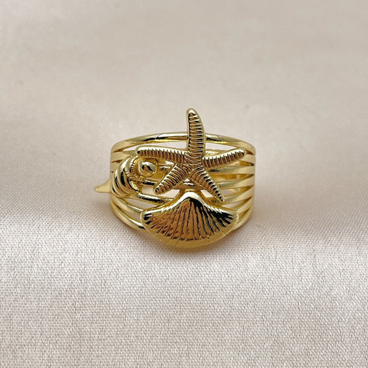 Oro Laminado Elegant Ring, Gold Filled Style Star and Shell Design, Polished, Golden Finish