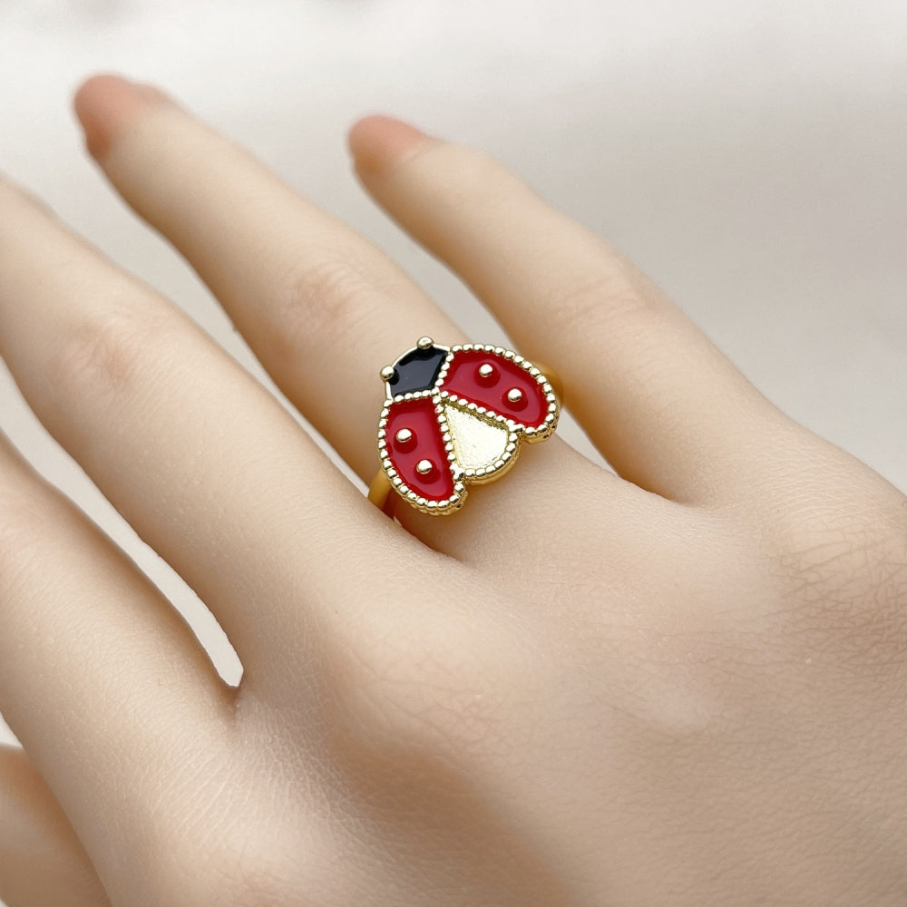 Oro Laminado Elegant Ring, Gold Filled Style Ladybug Design, Red Enamel Finish, Golden Finish