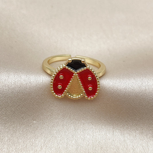 Oro Laminado Elegant Ring, Gold Filled Style Ladybug Design, Red Enamel Finish, Golden Finish