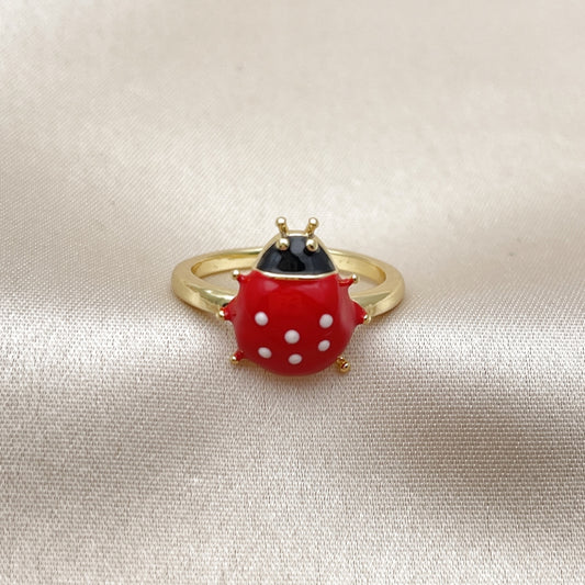 Oro Laminado Elegant Ring, Gold Filled Style Ladybug Design, Red Enamel Finish, Golden Finish