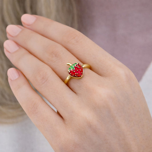 Oro Laminado Elegant Ring, Gold Filled Style Strawberry Design, Red Enamel Finish, Golden Finish