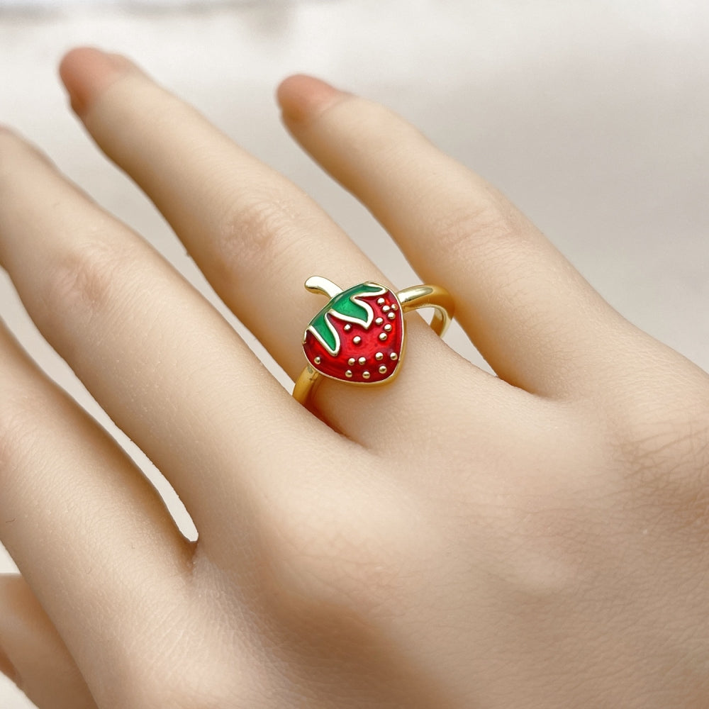 Oro Laminado Elegant Ring, Gold Filled Style Strawberry Design, Red Enamel Finish, Golden Finish