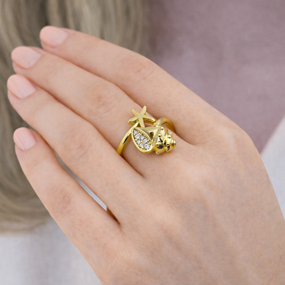 Oro Laminado Multi Stone Ring, Gold Filled Style Star and Snail Design, with White Cubic Zirconia, Polished, Golden Finish