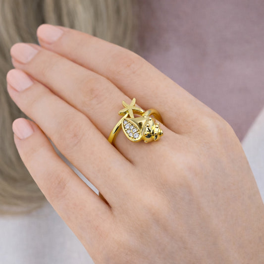 Oro Laminado Multi Stone Ring, Gold Filled Style Star and Snail Design, with White Cubic Zirconia, Polished, Golden Finish
