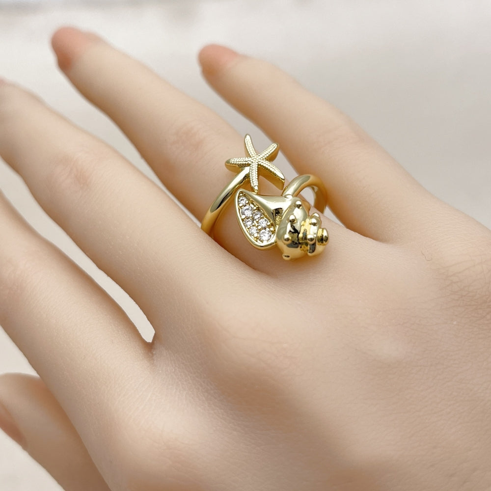 Oro Laminado Multi Stone Ring, Gold Filled Style Star and Snail Design, with White Cubic Zirconia, Polished, Golden Finish