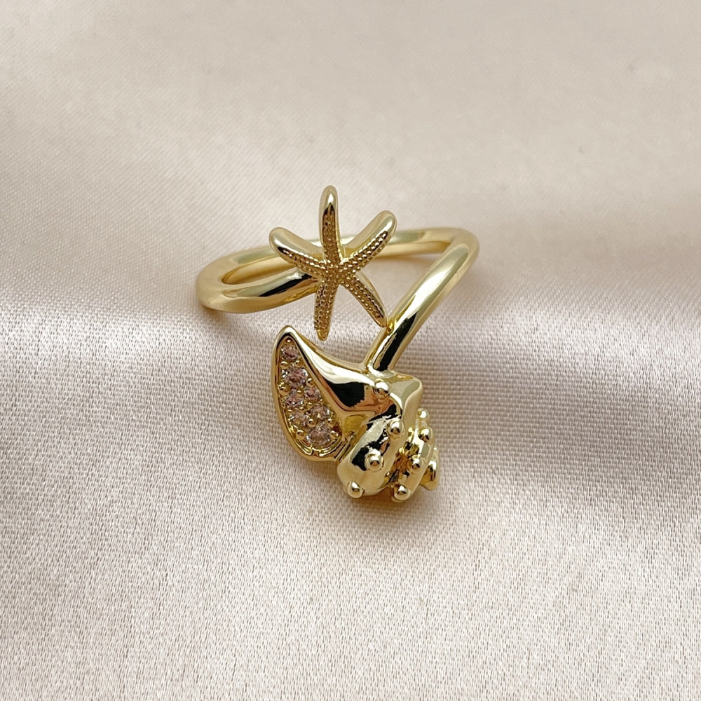 Oro Laminado Multi Stone Ring, Gold Filled Style Star and Snail Design, with White Cubic Zirconia, Polished, Golden Finish